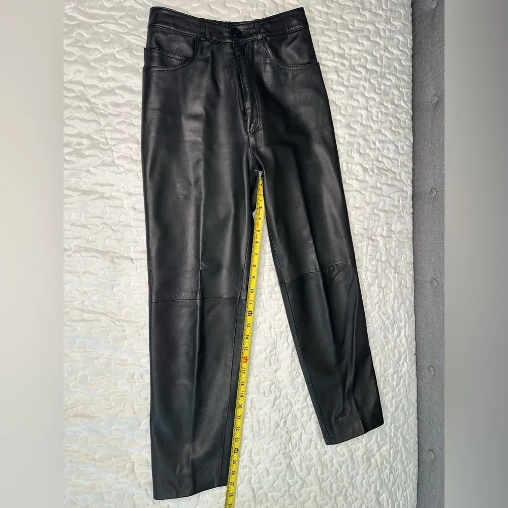 Vintage 90s Maglia Black Leather Pants High-Waisted Straight-Leg USA Made Sz 8 - Picture 6 of 11